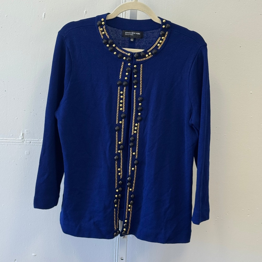 Jones New York Collection Royal Blue Embellished Cardigan Sweater Women's Large